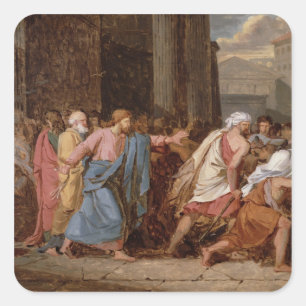Pegatina Cuadrada Jesús sacando a los comerciantes del templo