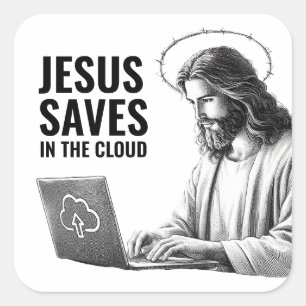 Pegatina Cuadrada Jesús salva en la nube - Meme divertido de Jesús