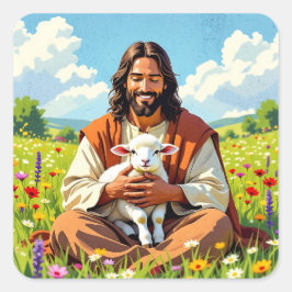 Pegatina Cuadrada Jesús sosteniendo un Cordero | Religioso Cristiano