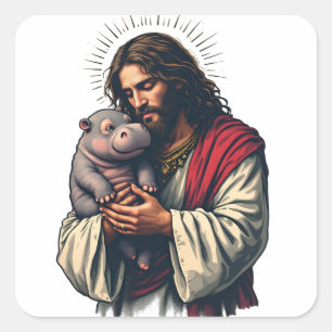 Pegatina Cuadrada Jesús sostiene a un bebé Moo Deng Hippo