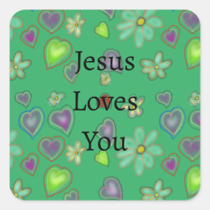 Pegatina Cuadrada Jesús Te Ama El Corazón Verde Morado