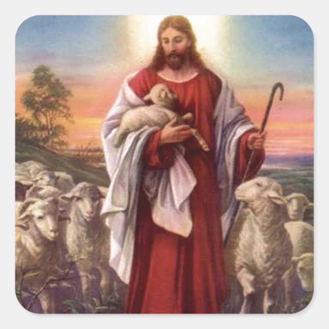 Pegatina Cuadrada Jesús y corderos (Anverso)