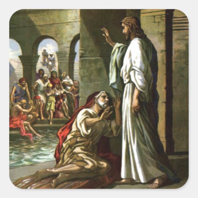 Pegatina Cuadrada Jesús y el hombre en la piscina (Anverso)