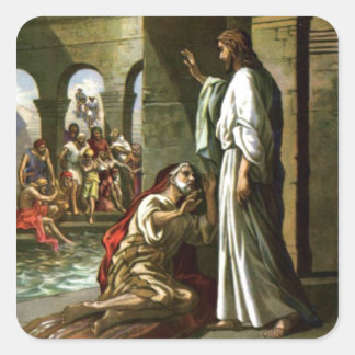 Pegatina Cuadrada Jesús y el hombre en la piscina