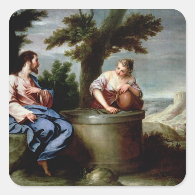 Pegatina Cuadrada Jesús y la mujer samaritana (Anverso)