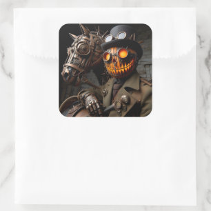 Pegatina Cuadrada Jinete de la Calabaza de Halloween Steampunk