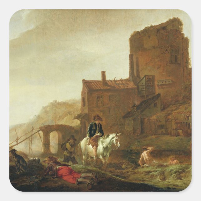 Pegatina Cuadrada Jinete y brezo (Anverso)