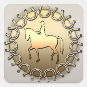 Pegatina Cuadrada Jinete y herraduras del caballo del Dressage