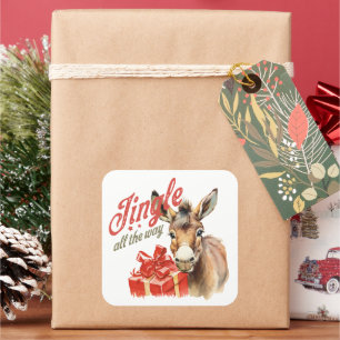 Pegatina Cuadrada Jingle all way los Navidades cultivan burro