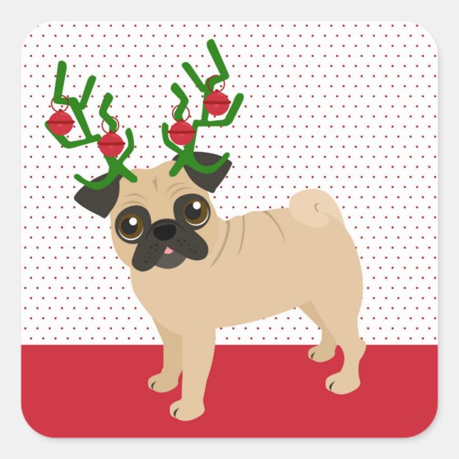 Pegatina Cuadrada Jingle Bells cute pug con Navidades de Antlers (Anverso)