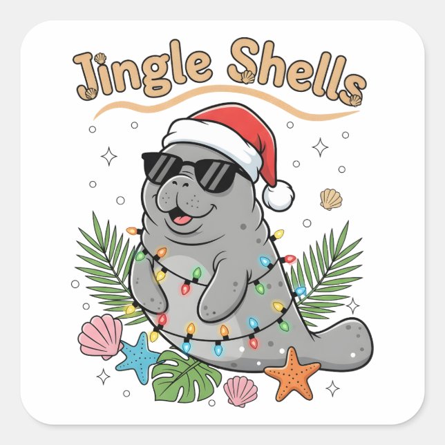 Pegatina Cuadrada Jingle Shells Tropical Santa Manatee Christmas (Anverso)