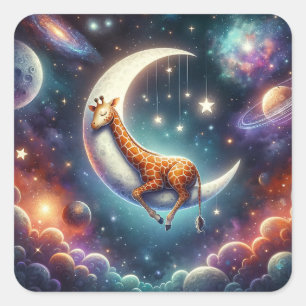 Pegatina Cuadrada Jirafa Bebé Celestial Durmiendo en la Luna y las E