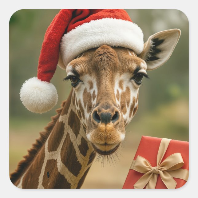 Pegatina Cuadrada Jirafa de Navidad con regalo de fiesta (Anverso)