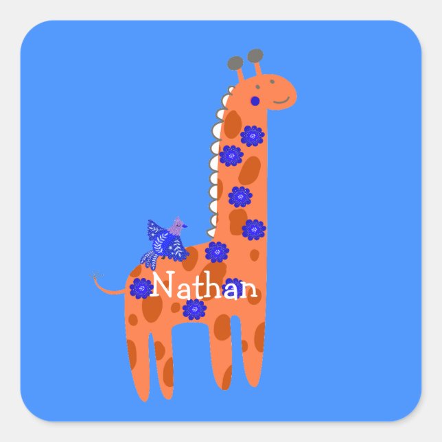 Pegatina Cuadrada Jirafa Pájaro Azul Naranja Nombre Personalizado Fo (Anverso)