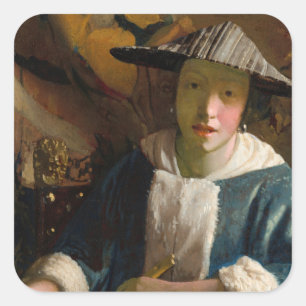 Pegatina Cuadrada Johannes Vermeer - Chica con flauta
