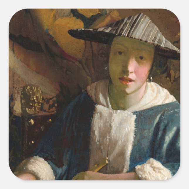 Pegatina Cuadrada Johannes Vermeer - Chica con flauta (Anverso)