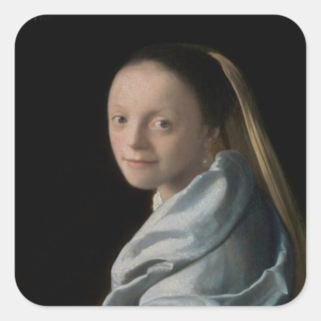 Pegatina Cuadrada Johannes Vermeer - Estudio de una joven mujer (Anverso)