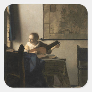 Pegatina Cuadrada Johannes Vermeer - Joven mujer con un Lute