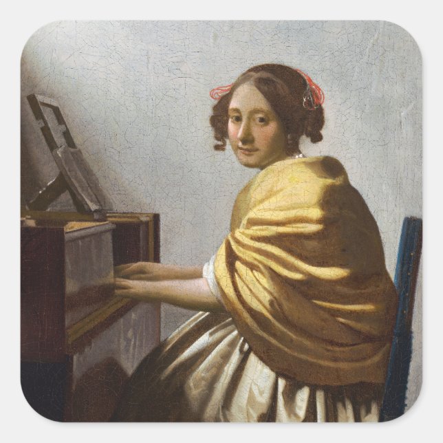Pegatina Cuadrada Johannes Vermeer - Joven sentada en Virginal (Anverso)