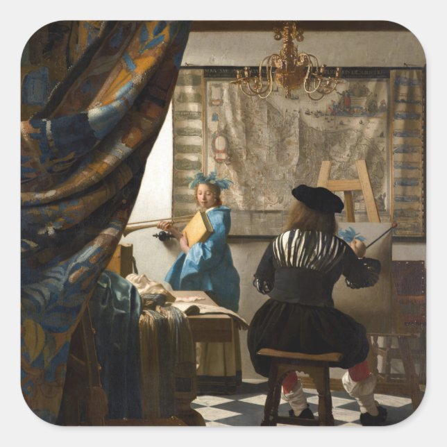 Pegatina Cuadrada Johannes Vermeer - La historia de la pintura (Anverso)