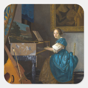 Pegatina Cuadrada Johannes Vermeer - Lady sentada en un Virginal
