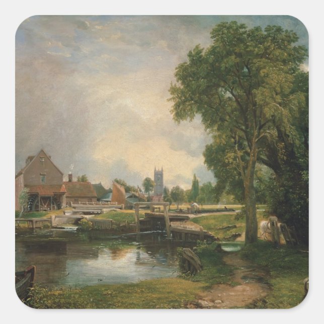 Pegatina Cuadrada John Constable | Dedham Lock and Mill, 1820 (Anverso)