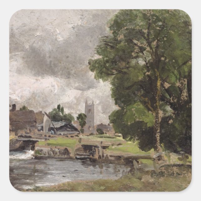 Pegatina Cuadrada John Constable | Dedham Lock y Mill (Anverso)
