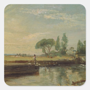 Pegatina Cuadrada John Constable el   una gabarra debajo de la