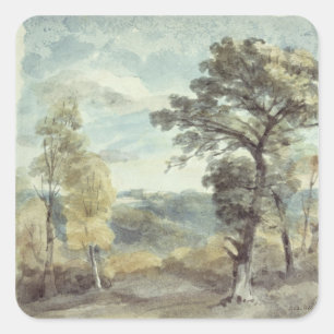 Pegatina Cuadrada John Constable Paisaje con árboles y una distanc