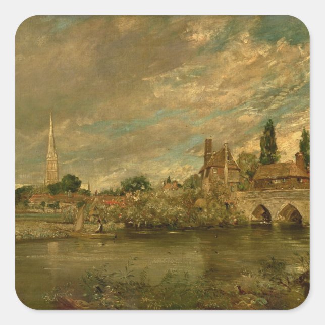 Pegatina Cuadrada John Constable | Puente de Harnham y Salisbu (Anverso)