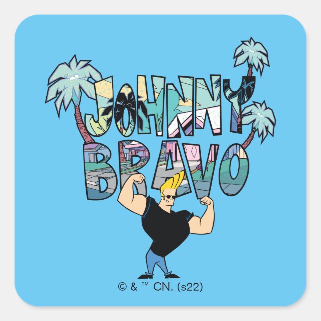 Pegatina Cuadrada Johnny Bravo Palm Tree Name (Anverso)