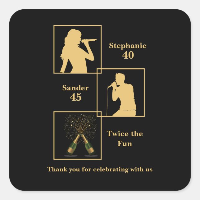 Pegatina Cuadrada Joint Birthday Double the Fun Black Gold (Anverso)