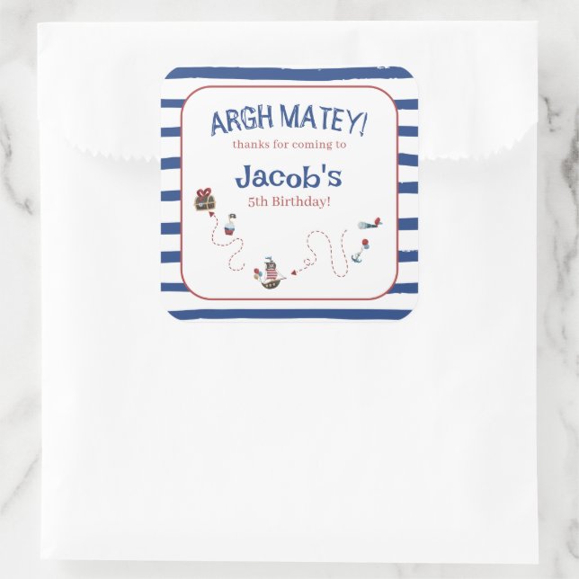Pegatina Cuadrada Jolly Roger Pirate Ahoy Matey Birthday Party (Bolso)