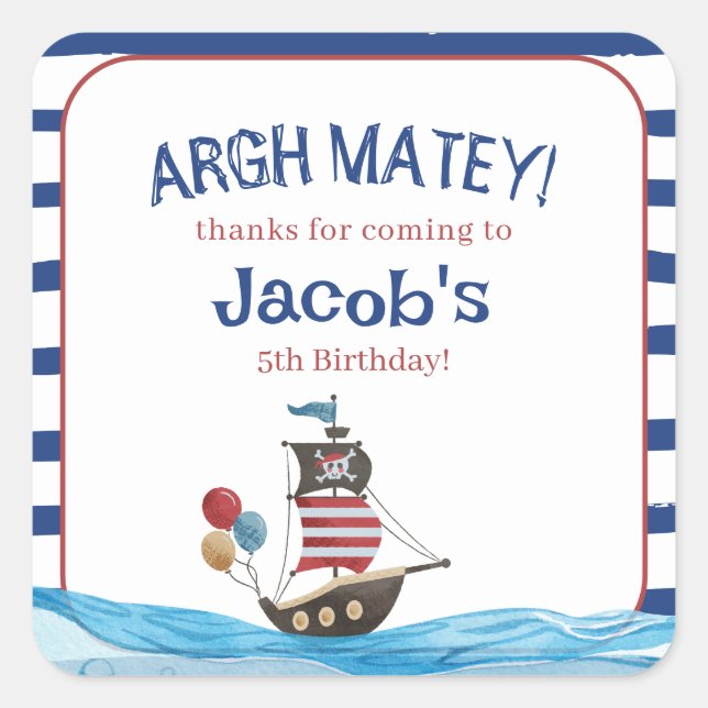 Pegatina Cuadrada Jolly Roger Pirate Ahoy Matey cumpleaños a favor (Anverso)