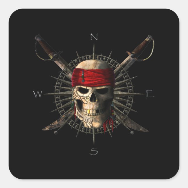 Pegatina Cuadrada Jolly Roger Pirate Skull and Swords Pirate Compass (Anverso)