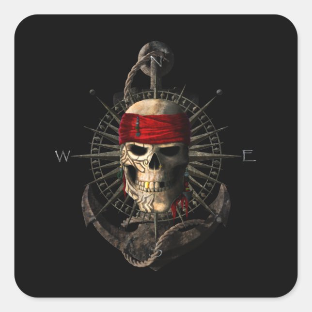Pegatina Cuadrada Jolly Roger Pirate Skull Vela Compass Anchor (Anverso)