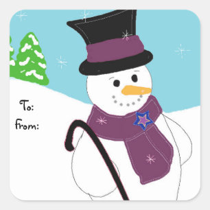 Pegatina Cuadrada Jolly Snowman con Gorra y caña