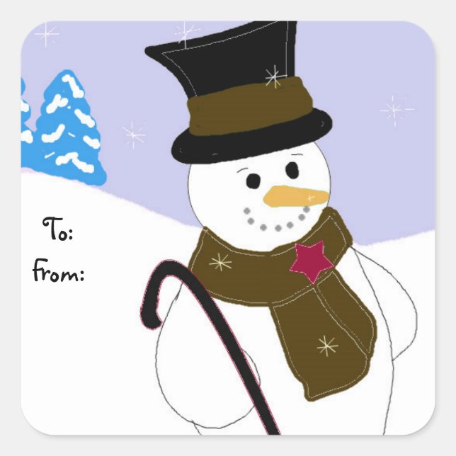 Pegatina Cuadrada Jolly Snowman con Gorra y caña (Anverso)