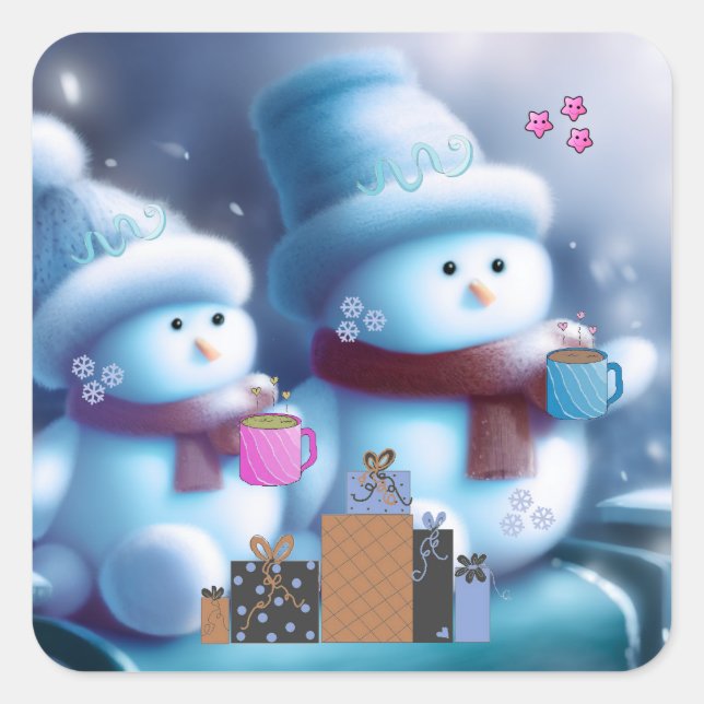 Pegatina Cuadrada Jolly Snowman Couple Coffee (Anverso)