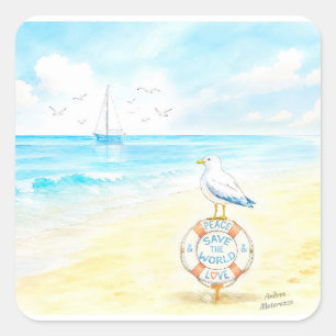 Pegatina Cuadrada Jon Seagull - Paz y Amor Salvan el Mundo