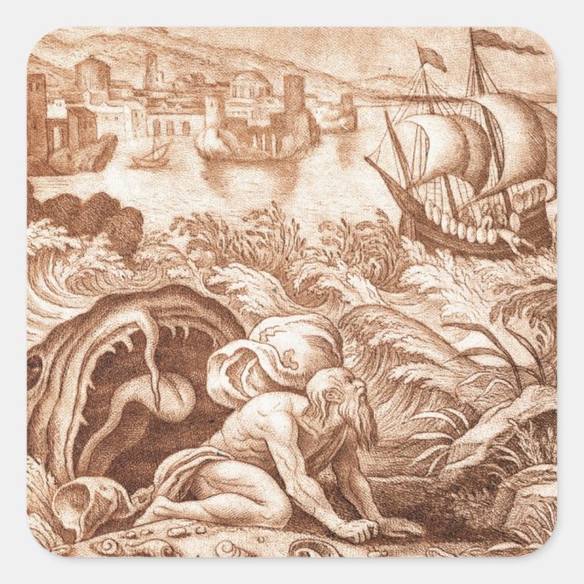 Pegatina Cuadrada Jonah y la ballena, ilustracion de una Biblia, en (Anverso)