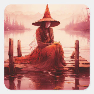 Pegatina Cuadrada Joven bruja roja sentada en un muelle roto