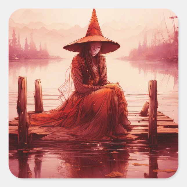 Pegatina Cuadrada Joven bruja roja sentada en un muelle roto (Anverso)