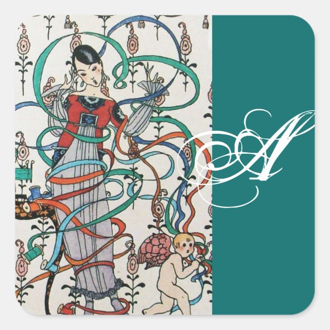 PEGATINA CUADRADA JOVEN CHICA, COLORIDAS BARRAS DE RIBÓN, MONOGRAMA  (Anverso)