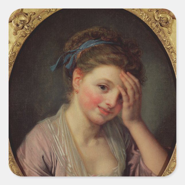 Pegatina Cuadrada Joven Chica con un Rosa (Anverso)