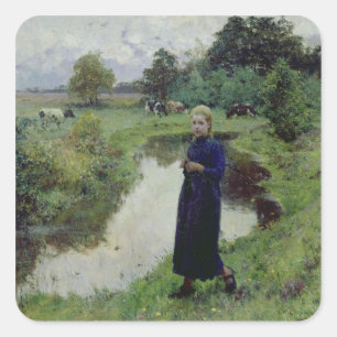 Pegatina Cuadrada Joven Chica en los campos,