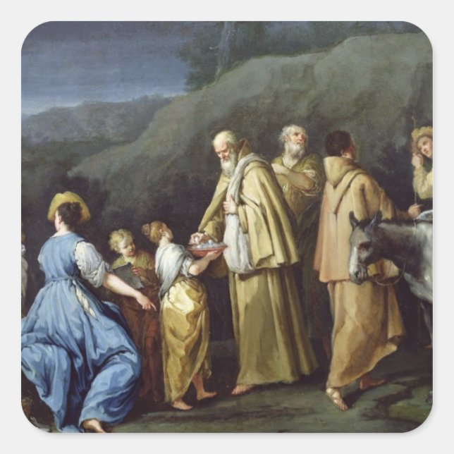 Pegatina Cuadrada Joven Chica ofreciendo huevos a un grupo de monjes (Anverso)