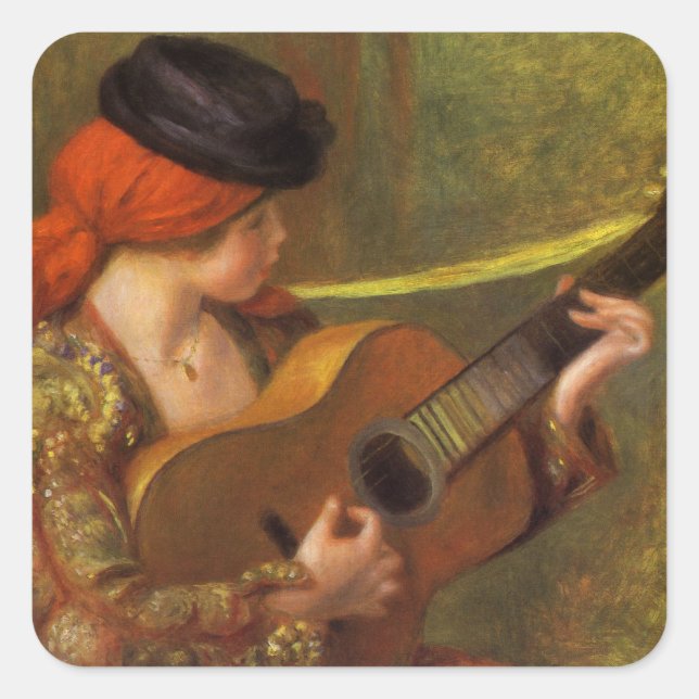 Pegatina Cuadrada Joven española con guitarra de Pierre Renoir (Anverso)