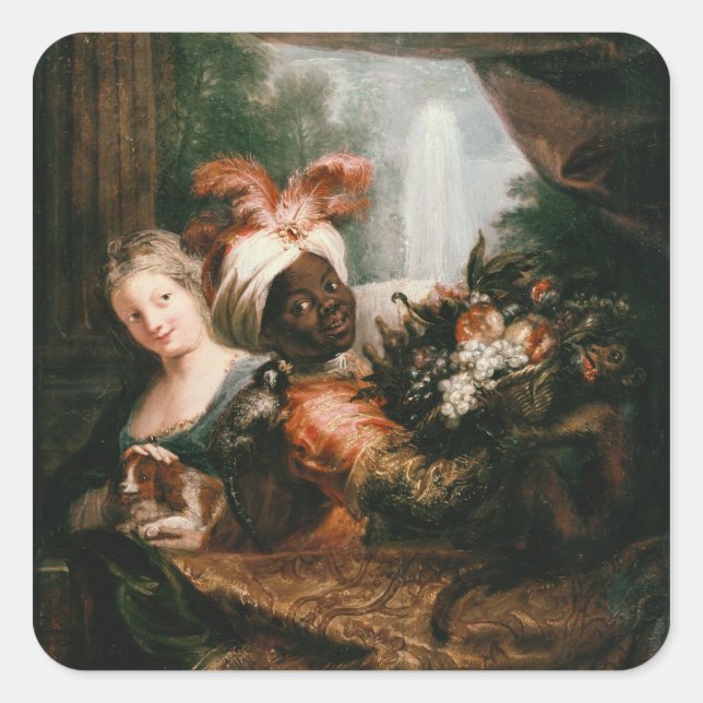 Pegatina Cuadrada Joven negro sosteniendo una canasta (Anverso)