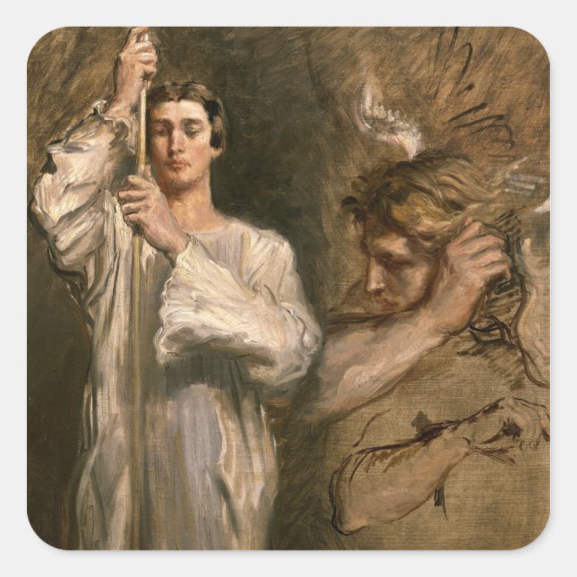 Pegatina Cuadrada Joven sosteniendo una cruz (Anverso)